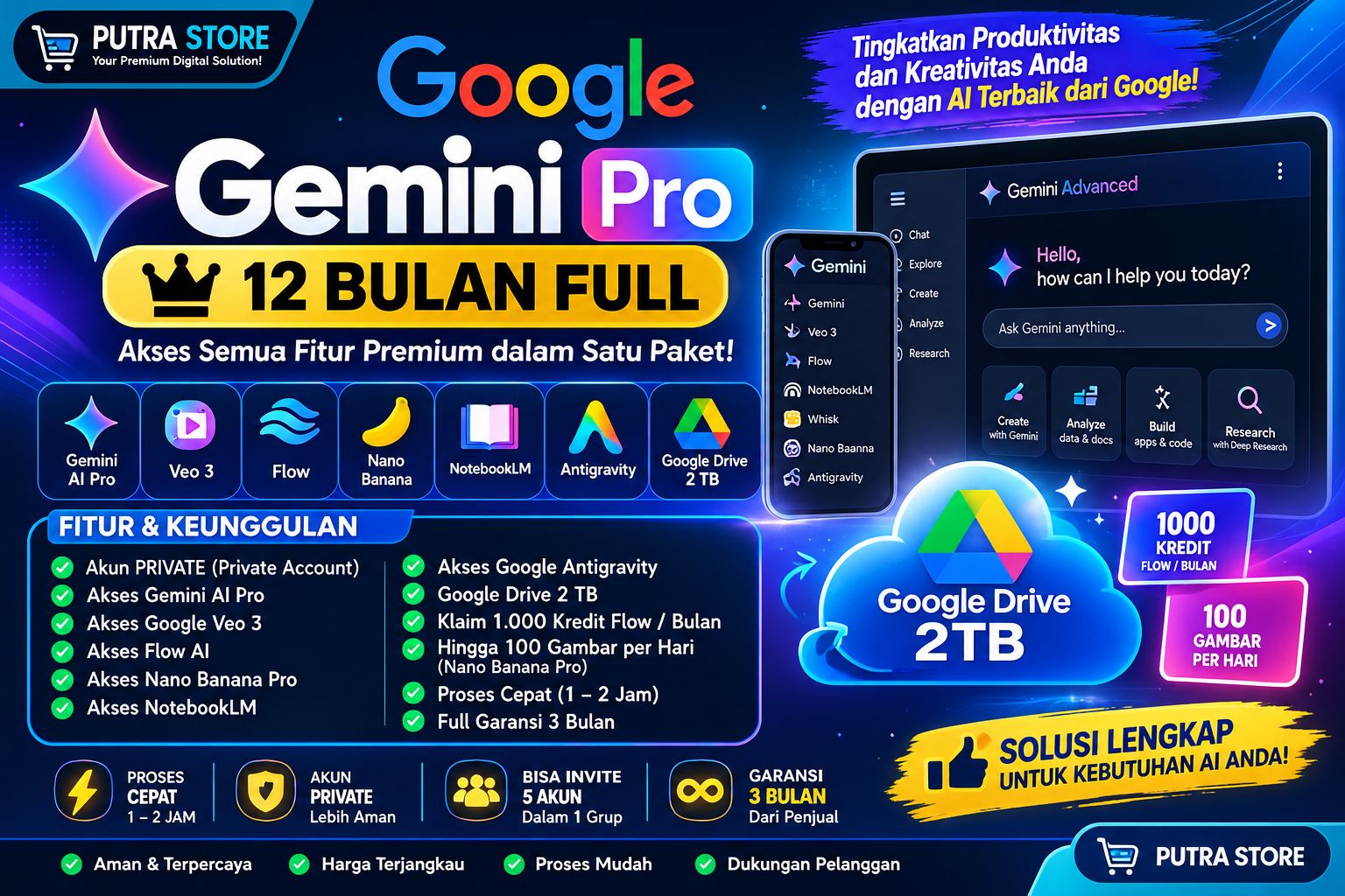 GOOGLE GEMINI AI PRO 1 TAHUN | AKUN SHARING | GOOGLE DRIVE 2TB | VEO 3, FLOW AI & ANTIGRAVITY